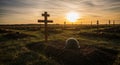 Cemetery at Sunset with Wooden Crosses and a Military Helmet on a Grave graveyard graves Royalty Free Stock Photo
