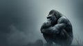 Solemn gorilla seated against a grey, misty background