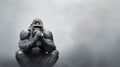 Gorilla seated, deep in thought, against a grey, misty background