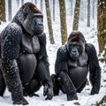 Solemn Gorillas in Snowy Habitat - A Poignant Glimpse into the Lives of Endangered Primates