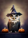 Solemn looking owl wearing witch hat stands at night