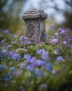 A solemn monument halfswallowed by violets and forgetmenots Abandoned landscape. AI generation Royalty Free Stock Photo