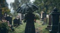 Solemn Mourner at Cemetery with Umbrella, Black Attire. Reflective, Rainy Day Funeral Scene. Quiet Respect and Grief in