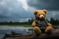Solemn vintage bear doll, evoking deep solitude in dark tones