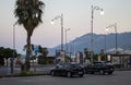 Solerno, Italy - August 7, 2022: Panoramic shot from the shore of the cute city of Salerno towards the mountains and sunrise in