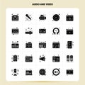 Solid 25 Audio And Video Icon set. Vector Glyph Style Design Black Icons Set. Web and Mobile Business ideas design Vector Royalty Free Stock Photo