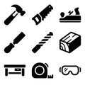 Solid black glyph icon set of carpentry and woodworking tools Royalty Free Stock Photo