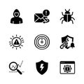 Cyber Threat Monitoring Solid Black Icon Set with Hacker Phishing Alert and Malware Detection Royalty Free Stock Photo