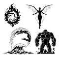 Solid black silhouettes fire water earth air spirits vector Royalty Free Stock Photo