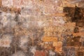 Solid brick wall. Orange bricks closeup. Weathered grungy brick wall photo background. Grunge texture of brickwork. Royalty Free Stock Photo