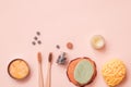 Solid Conditioner, Toothy Tabs, Bamboo Toothbrush, Natural Washing Sponge And Pressed Dry Shampoo on Light Color Table Royalty Free Stock Photo