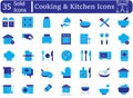 Cooking and Kitchen Icons Set. Food Preparation, Chef Hat, Utensils, and Culinary Tools Vector Glyphs. 35 Solid filled icons Royalty Free Stock Photo