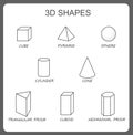 Solid 3d shapes: cylinder, cube, prism, sphere, pyramid, hexagonal prism, cone. Isolated vector solid geometric shapes.