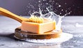 Solid Dish Soap Bar with Wooden Brush on Stone Surface. Vegan Lifestyle. Generated Image Royalty Free Stock Photo