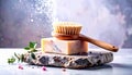 Solid Dish Soap Bar with Wooden Brush on Stone Surface. Vegan Lifestyle. Generated Image Royalty Free Stock Photo
