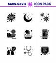 9 Solid Glyph Black Coronavirus disease and prevention vector icon hands, ship, rest time, cruise