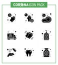 9 Solid Glyph Black coronavirus epidemic icon pack suck as hands, hospital, bacteria, car, virus