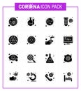 16 Solid Glyph Black Set of corona virus epidemic icons. such as virus, fuild, corona, elucation, virus