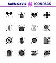 16 Solid Glyph Black Coronavirus disease and prevention vector icon brake, injury, hand sanitizer, bandage, heart care