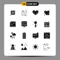 Universal Icon Symbols Group of 16 Modern Solid Glyphs of file, restriction, love, copyright, like