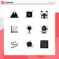 Mobile Interface Solid Glyph Set of 9 Pictograms of seo, chart, chair, analytics, analysis Royalty Free Stock Photo
