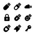 Solid glyph icon set of USB flash drives data storage and security symbols like lock key and cloud Royalty Free Stock Photo