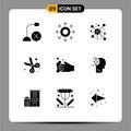 Set of 9 Vector Solid Glyphs on Grid for cleaning, education, arrow, cut, connection Royalty Free Stock Photo
