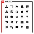 Solid Glyph Pack of 25 Universal Symbols of exercise, money, filam, deposit, right