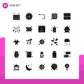 Solid Glyph Pack of 25 Universal Symbols of heart, vehicles, loop arrow, wheel, future
