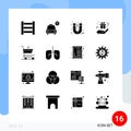 Solid Glyph Pack of 16 Universal Symbols of interior, cupboard, box, lungs, shopping
