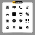 Solid Glyph Pack of 16 Universal Symbols of park, life guard chair, information, telephone, contact