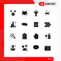 Solid Glyph Pack of 16 Universal Symbols of rocket, back, love, arrow, freedom