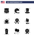 Solid Glyph Pack of 9 USA Independence Day Symbols of badge; mine; state; cart; presidents