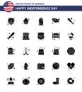 Solid Glyph Pack of 25 USA Independence Day Symbols of baseball; usa; bottle; united; map