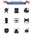 Solid Glyph Pack of 9 USA Independence Day Symbols of buntings; limonade; map; american; location pin