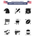 Solid Glyph Pack of 9 USA Independence Day Symbols of cook; barbecue; shield; usa; flag