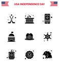 Solid Glyph Pack of 9 USA Independence Day Symbols of hat; ireland; star; green; city