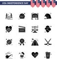 Solid Glyph Pack Of 16 USA Independence Day Symbols Of Heart; Eagle; Bar; Bird; Entrance