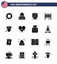 Solid Glyph Pack of 16 USA Independence Day Symbols of heart; officer; protection; man; saloon Royalty Free Stock Photo