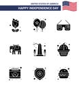 Solid Glyph Pack of 9 USA Independence Day Symbols of sight; landmark; sunglasses; usa; elephent