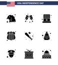 9 Solid Glyph Signs for USA Independence Day usa; bat; hat; baseball; usa police