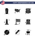 9 Solid Glyph Signs for USA Independence Day flag; washington; badge; usa; monument Royalty Free Stock Photo