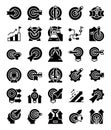 Solid glyph silhouette arrow target success icons pack