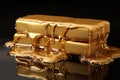 solid gold bar with honey flowing on it isolated on black background generative AI