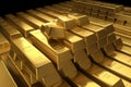 Solid gold bullion bars in a stack inside a bank vault