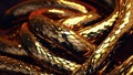 Solid Gold Snake Coils Moving. Mesmerizing Shiny Metallic Dragon Scales Slithering. Looping.