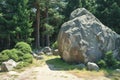 Solid gray boulder contrasts against green trees in a natural setting