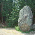 Solid gray boulder contrasts against green trees in a natural setting