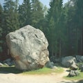 Solid gray boulder contrasts against green trees in a natural setting