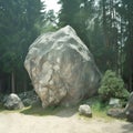 Solid gray boulder contrasts against green trees in a natural setting